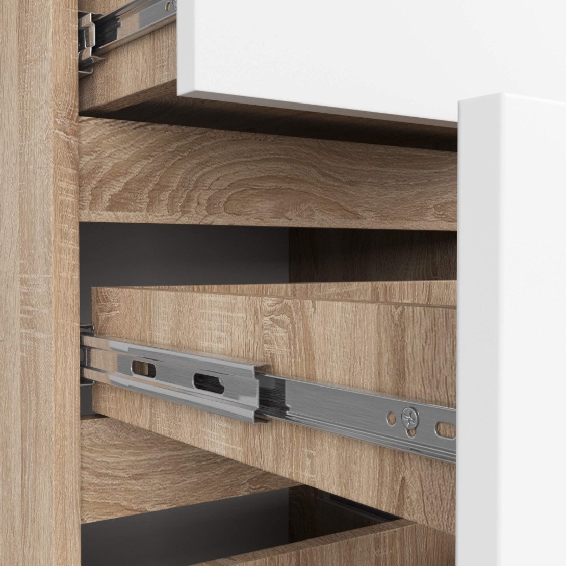 Comoda cu 4 sertare, PAL laminat 16mm, 40x35x74 cm, stejar sonoma si alb