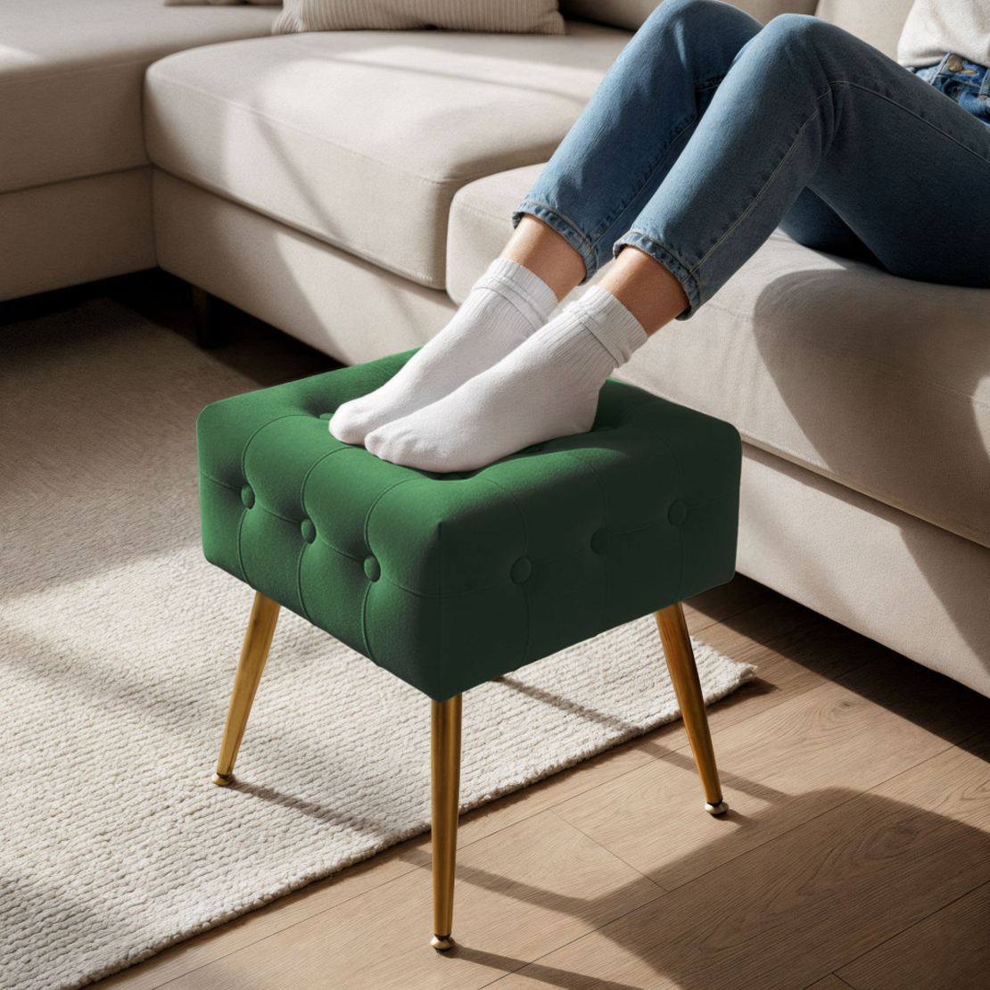 Taburet tapitat Quadra, velur, cu picioare metalice, 40x40x42 cm, verde