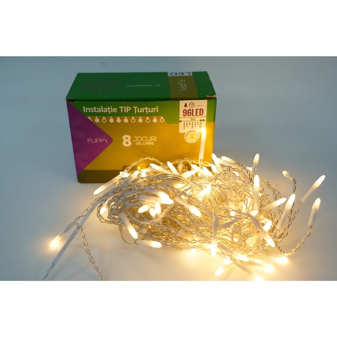 Sectiune Instalatie de Craciun Vafy® Tip Turturi, 8 jocuri de lumini 3 m, 96 LED-uri, Interconectabila, Fir Transparent, Alb Cald, Atentie! nu contine alimentator