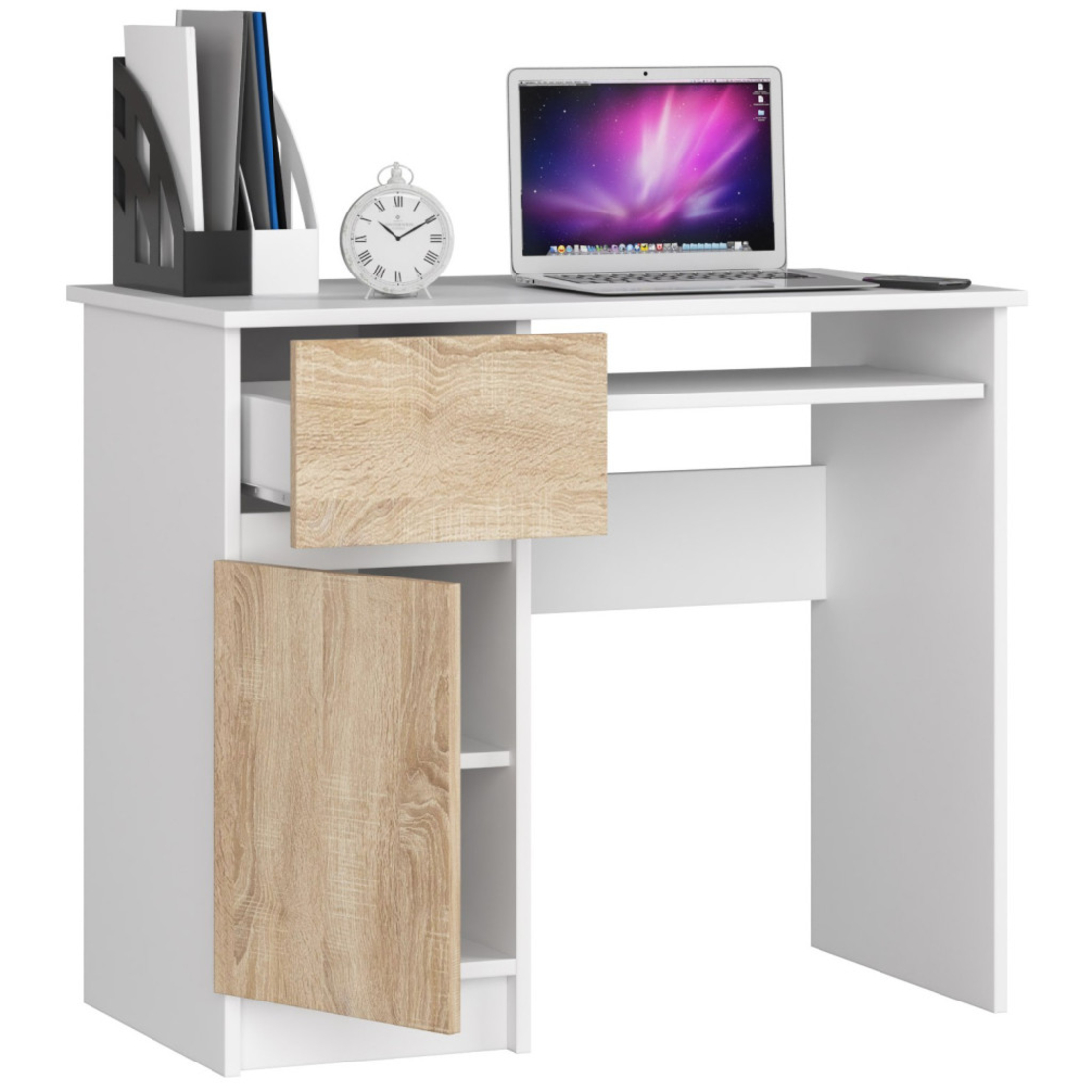 Birou computer PIKSEL, cu sertar, dulap si raft pentru tastatura, stanga, 90x50x77 cm, alb si stejar sonoma