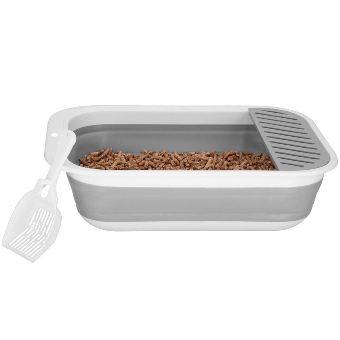 Litiera pliabila pentru pisici cu lopatica si capac, 45x34x12 cm, gri si alb