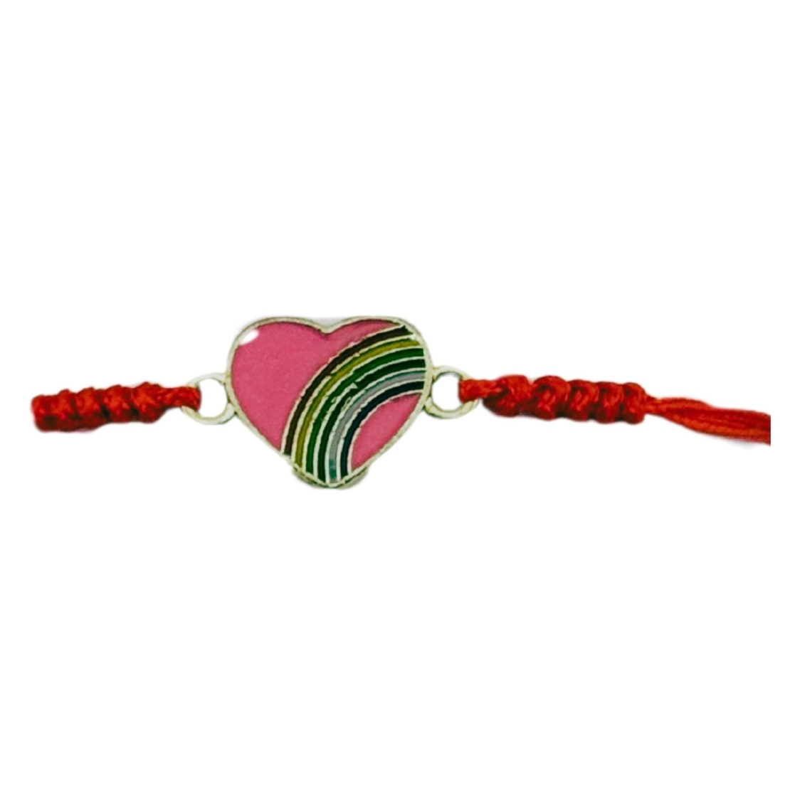 Martisor Bratara pentru Dama si Copii, Jolie, Model Inima cu Curcubeu Roz, Set 12 bucati, Pandantiv Emailat, Snur Reglabil, Rosu