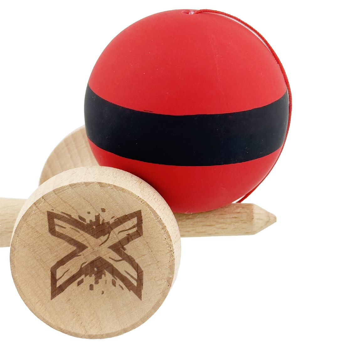 Kendama X Originala, Profesionala, Flippy, Cupe Mari KING SIZE V3, Rubber Grip, Gaura in Baza, Rulment Metalic, din lemn 18 cm, Ata 62/65 cm, M Bicolor Rosu Dublu/Negru