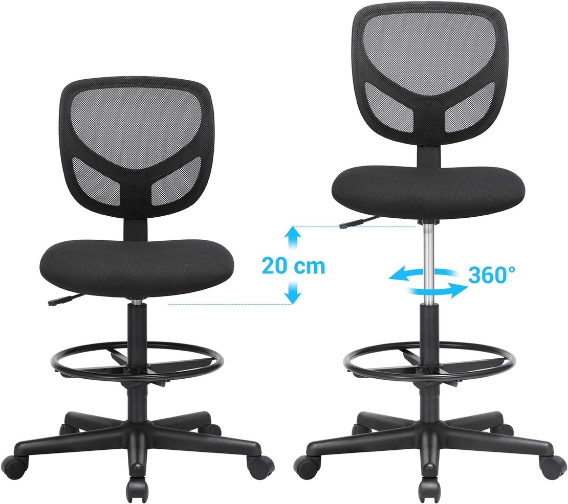 SONGMICS Scaun de birou inalt pentru atelier sau studio, fara brate, cu suport picioare, reglabil pe inaltime, 64x64x117 cm, negru