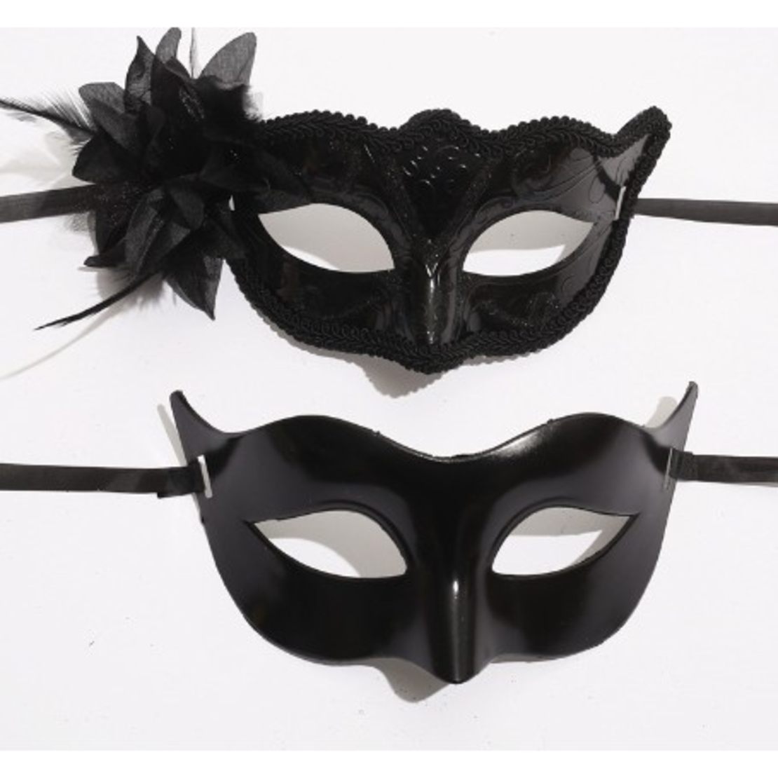 Set 2 Masti de Cuplu, Flippy, pentru Carnaval, Bal Mascat, Marime Universala, Model Floare Laterala si Margele, Model Clasic Fluture, Negru