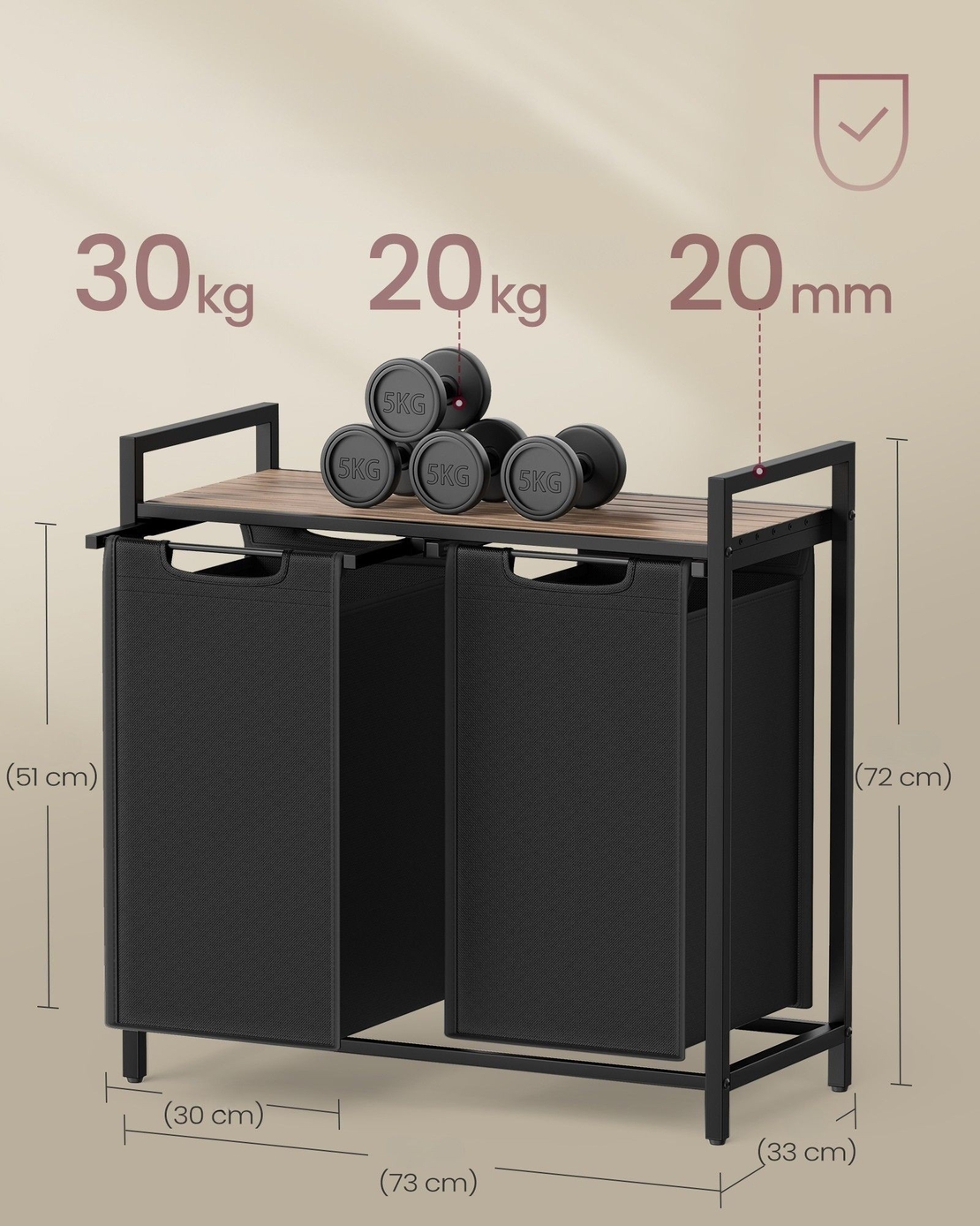 VASAGLE Cos de rufe, 2 compartimente, saci de rufe detasabili, raft, cadru metalic, 2x46L, 73x33x72 cm, maro si negru