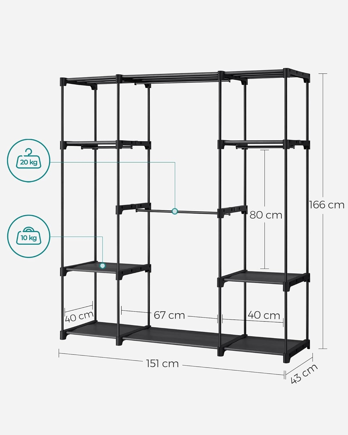 SONGMICS Dulap portabil pentru haine cu 4 bare de suspendare si rafturi, structura metalica, 151x43x166 cm, negru