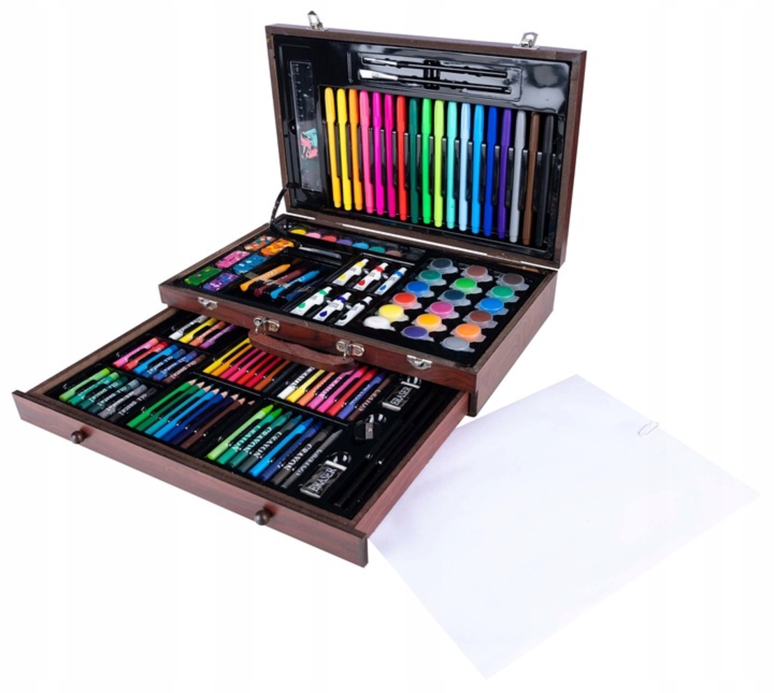 Set desen si pictura XL 130 piese cu valiza din lemn, 37x23x8 cm, multicolor
