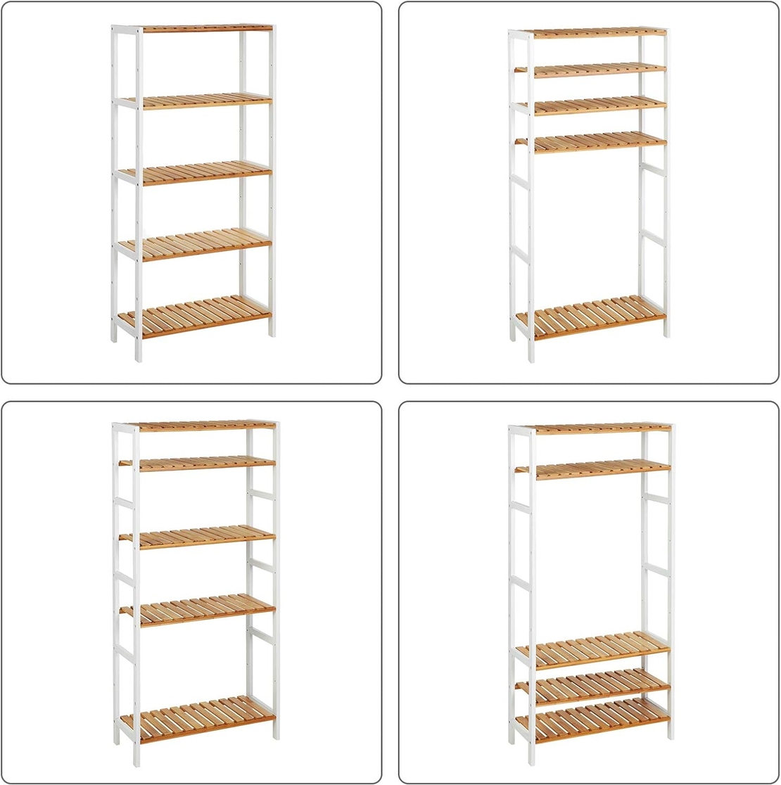 SONGMICS Raft de depozitare din bambus, 5 polite, pentru bucatarie sau baie, 130x60x26cm, alb si maro natur