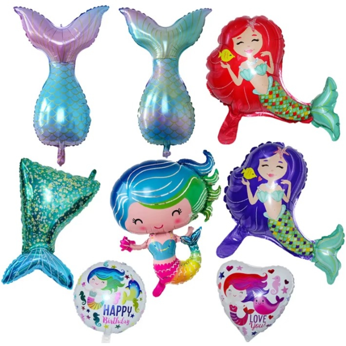 Balon din Folie Metalizata, Flippy, Mini Figurine, Model Sirena cu Par Rosu, Tematica Aniversare, 39x37 cm, Ambalaj Individual, Pai Inclus, Umflare cu Aer sau Heliu, Multicolor