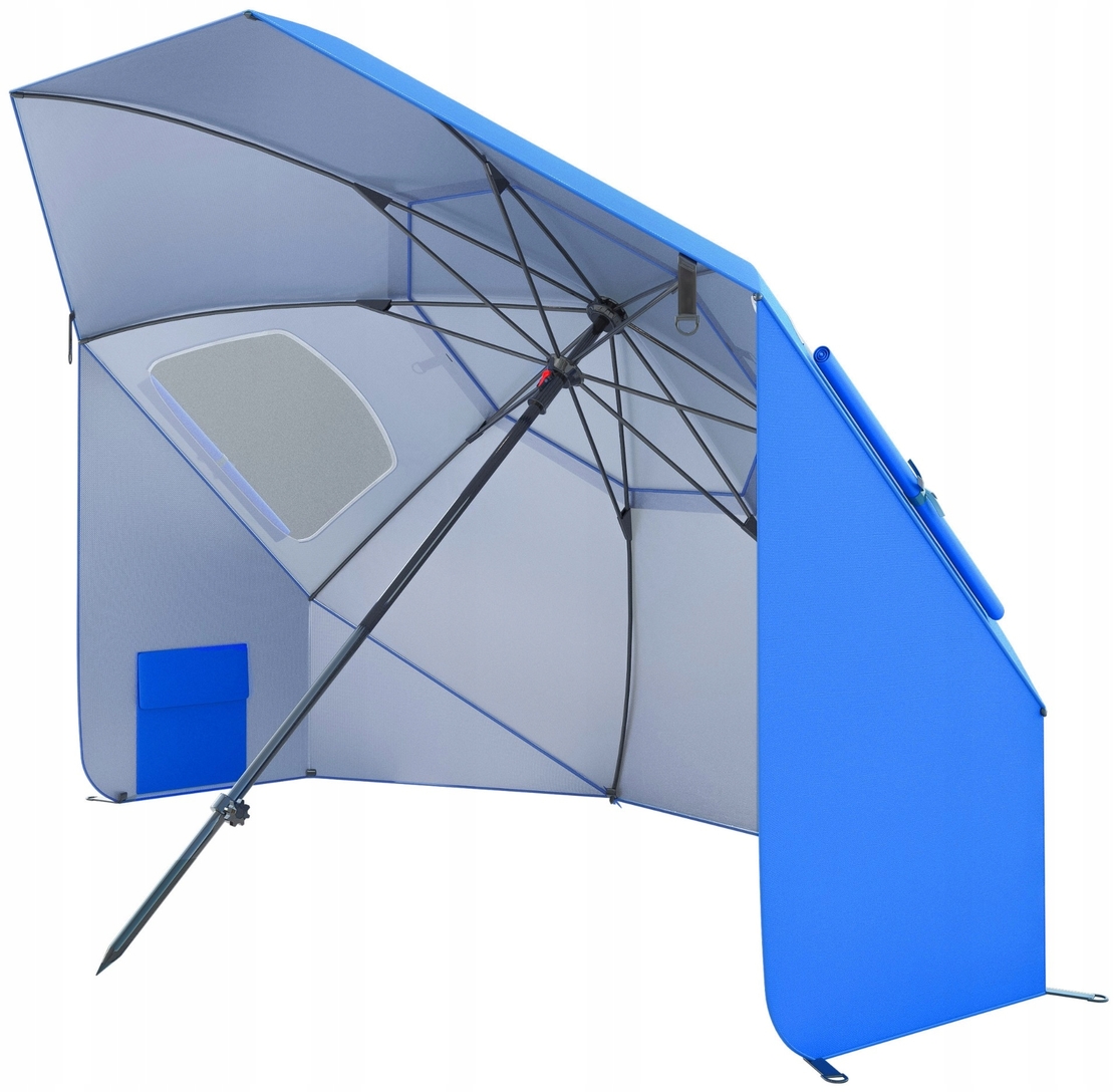 Umbrela plaja 3in1 215x205 cm, cu paravan lateral, fereastra si husa transport, material UV, albastru