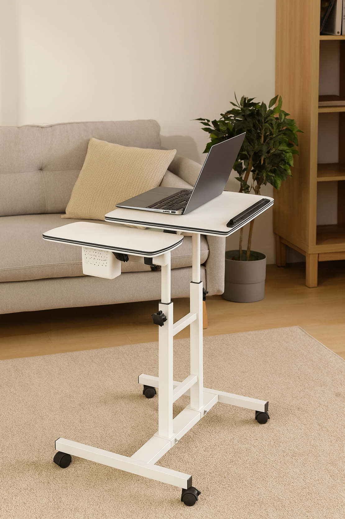 Masuta laptop reglabila cu 2 blaturi acrilice, pe roti cu blocare, 60-90 cm, alb perlat