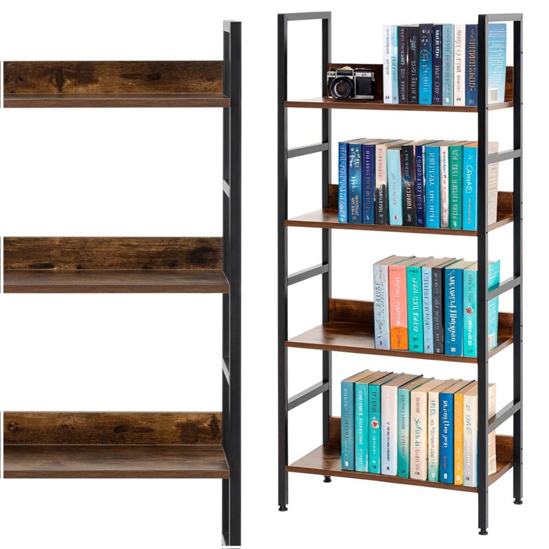 Etajera cu 4 polite din MDF si cadru metalic, stil industrial, 60x28x124.5 cm, maro inchis si negru