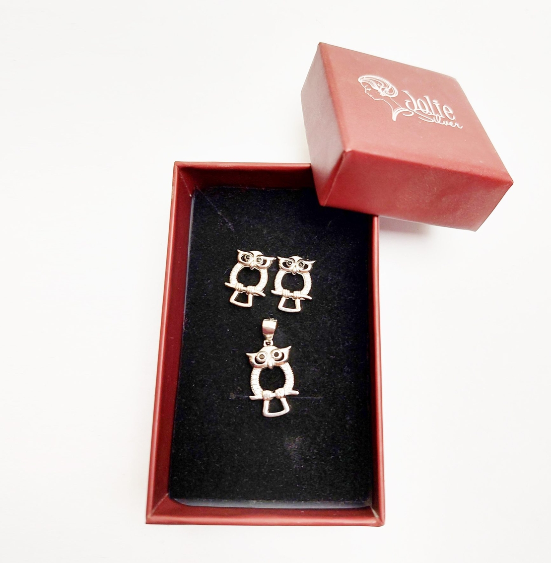Set Pandativ cu Cercei pentru Dama, Jolie, Argint 925, Model Bufnita Contur, 4.1g, 2 cm x 1.1 cm, Argintiu