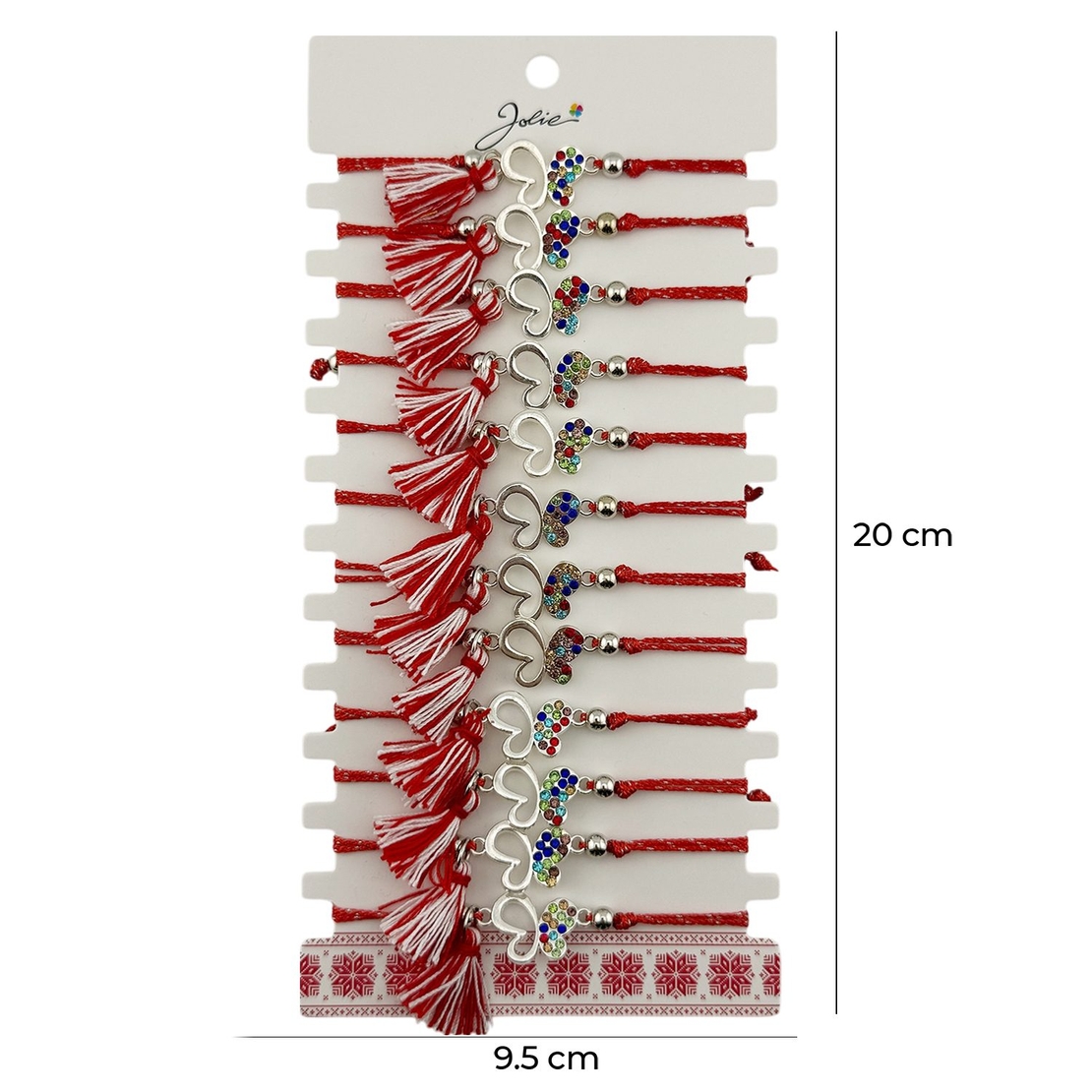Martisor Bratara cu Ciucure pentru Dama, Jolie, Model Fluture cu Pietre Colorate, Set 12 bucati, Pandativ din Inox, Snur Reglabil, Rosu/Alb