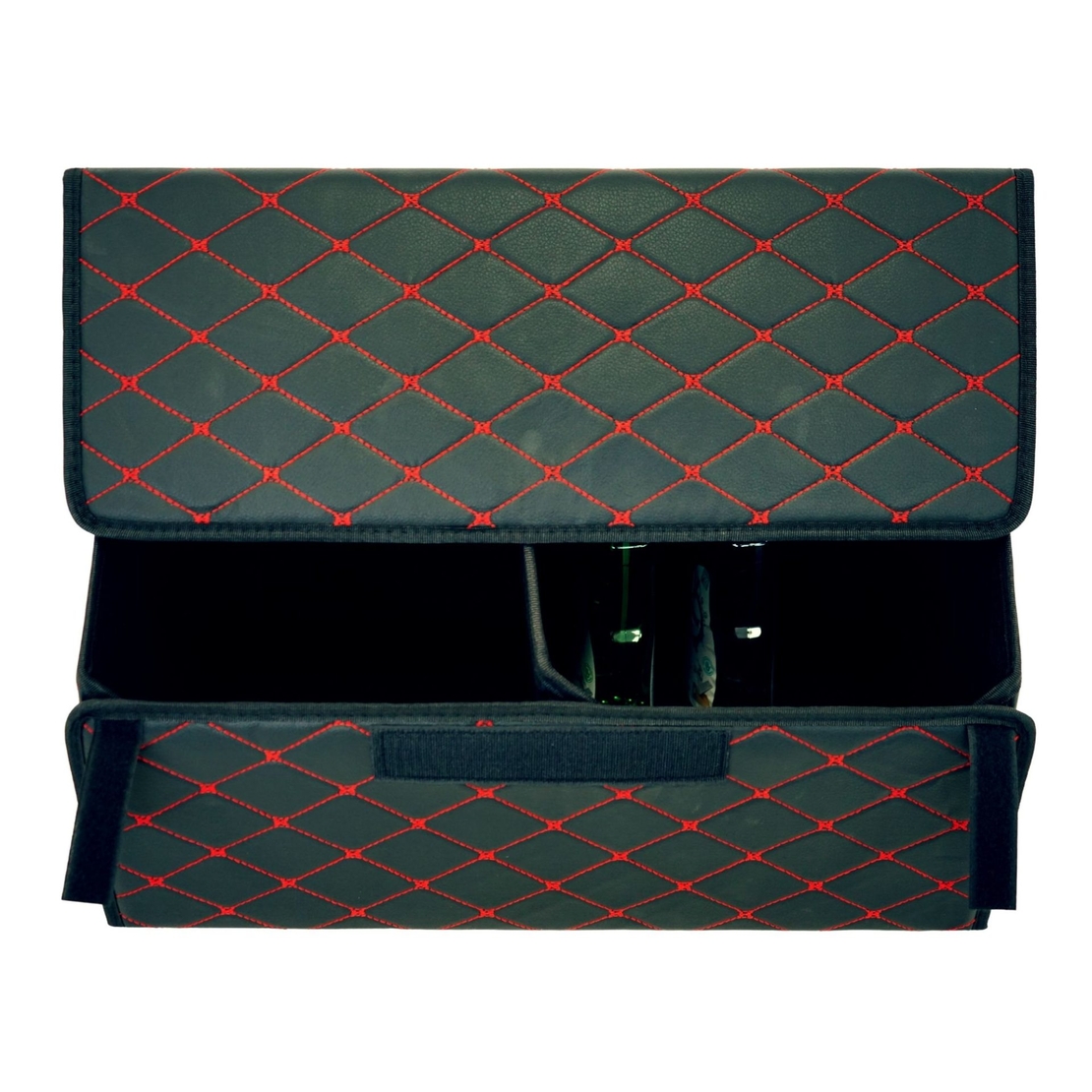 Cutie de Depozitare Auto, Flippy, Organizator Premium Portbagaj, Geanta Multifunctionala, Piele Ecologica, 2 Compartimente Depozitare, Pliabil si Rezistent la Uzura, Negru/Rosu, 55 x 30 x 30cm