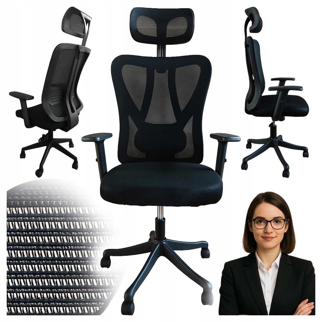 Scaun birou ergonomic, reglabil, cu suport lombar si tetiera, plasa mesh, maxim 120 kg, 50x50x126 cm, negru