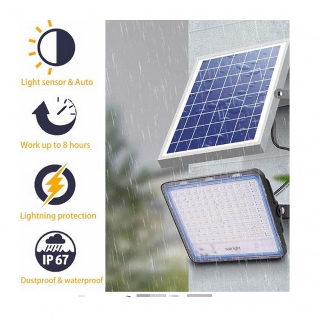 Proiector LED cu Panou Solar Flippy, Senzor de lumina, Waterproof, 96 LED-uri incorporate, 30W, 17x13 cm, IP67, Design Modern, Negru