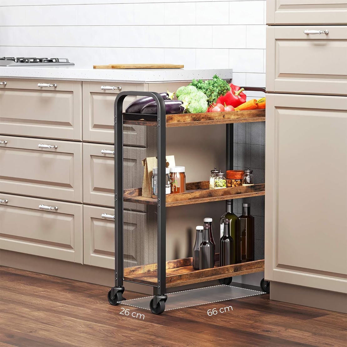 VASAGLE Carucior de servire pe roti pentru bucatarie, cu 3 polite, stil industrial, 26x66x85cm, maro rustic