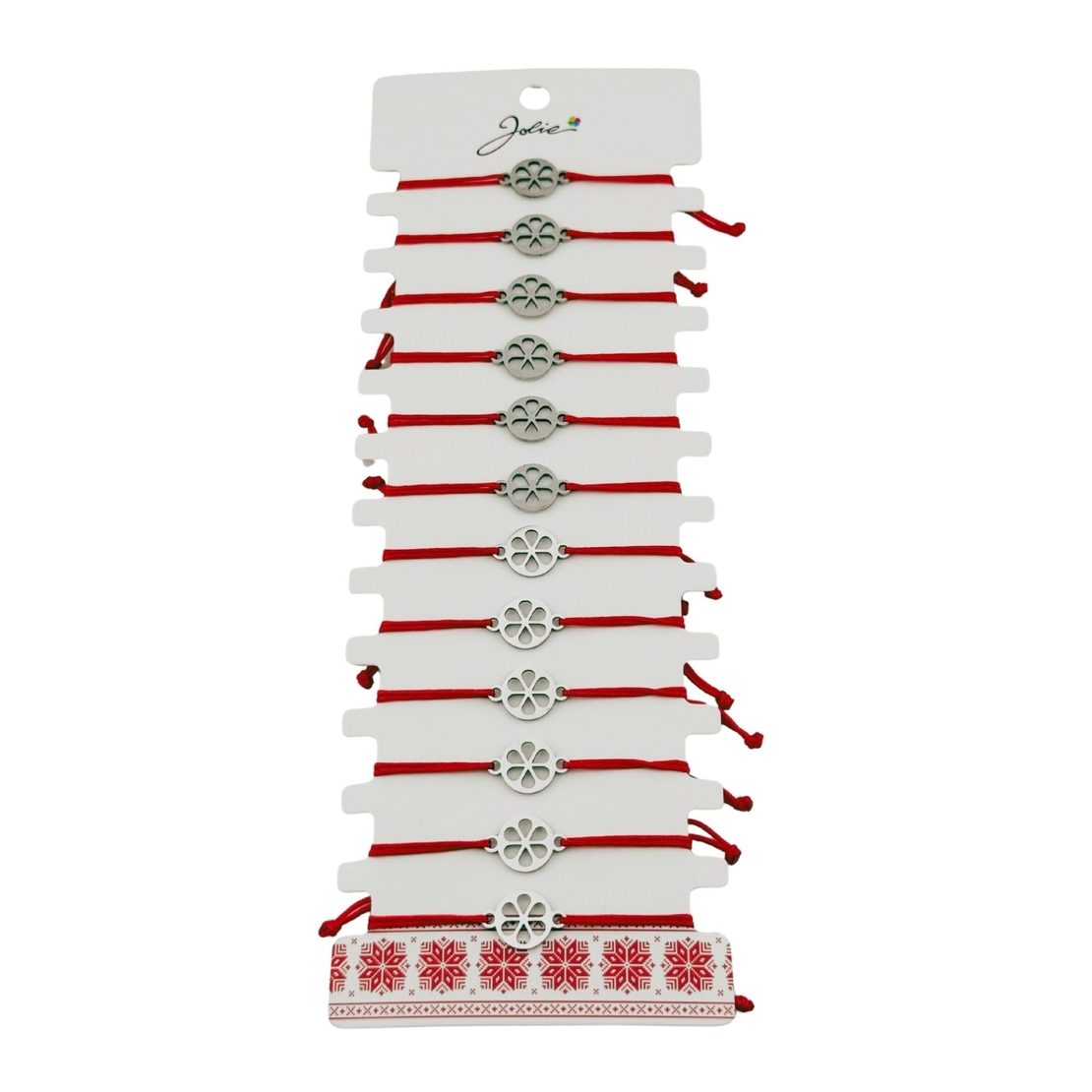 Bratara Martisor pentru Dama, Jolie, Model Floare in Cerc, Set 12 bucati, Pandativ Argintiu din Inox cu Snur Rosu Ajustabil