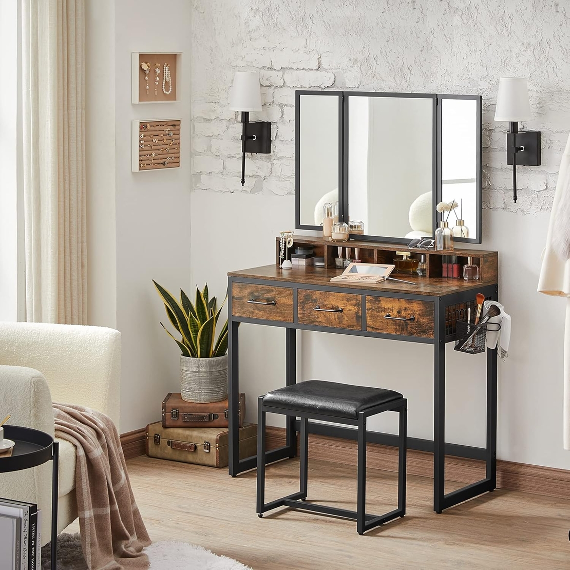 VASAGLE Masuta toaleta 90x40x141 cm, cu 3 sertare, oglinda tripla si taburet, lemn si otel, maro rustic si negru