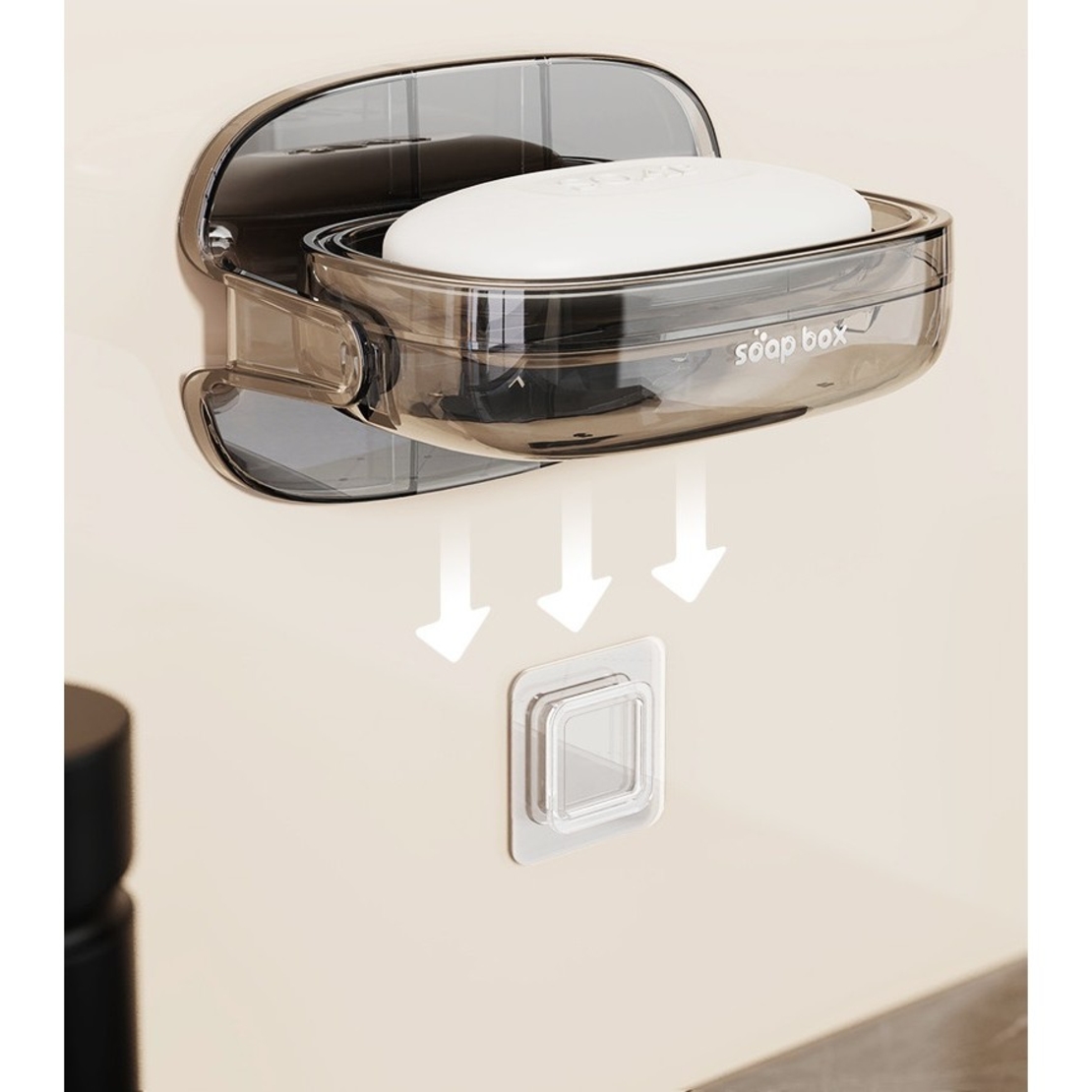 Savoniera cu Suport 2 in 1, Flippy, Pentru Perete sau Blat, PET, Scurgere Optima, GriTransparent
