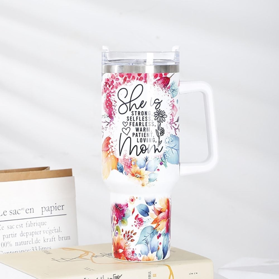 Cana Termos din Plastic, Flippy, pentru Bauturi Calde si Reci, cu Maner, Imprimeu Floral, cu Mesaj pentru Mama, Alb, 10x7.6x27.5 cm