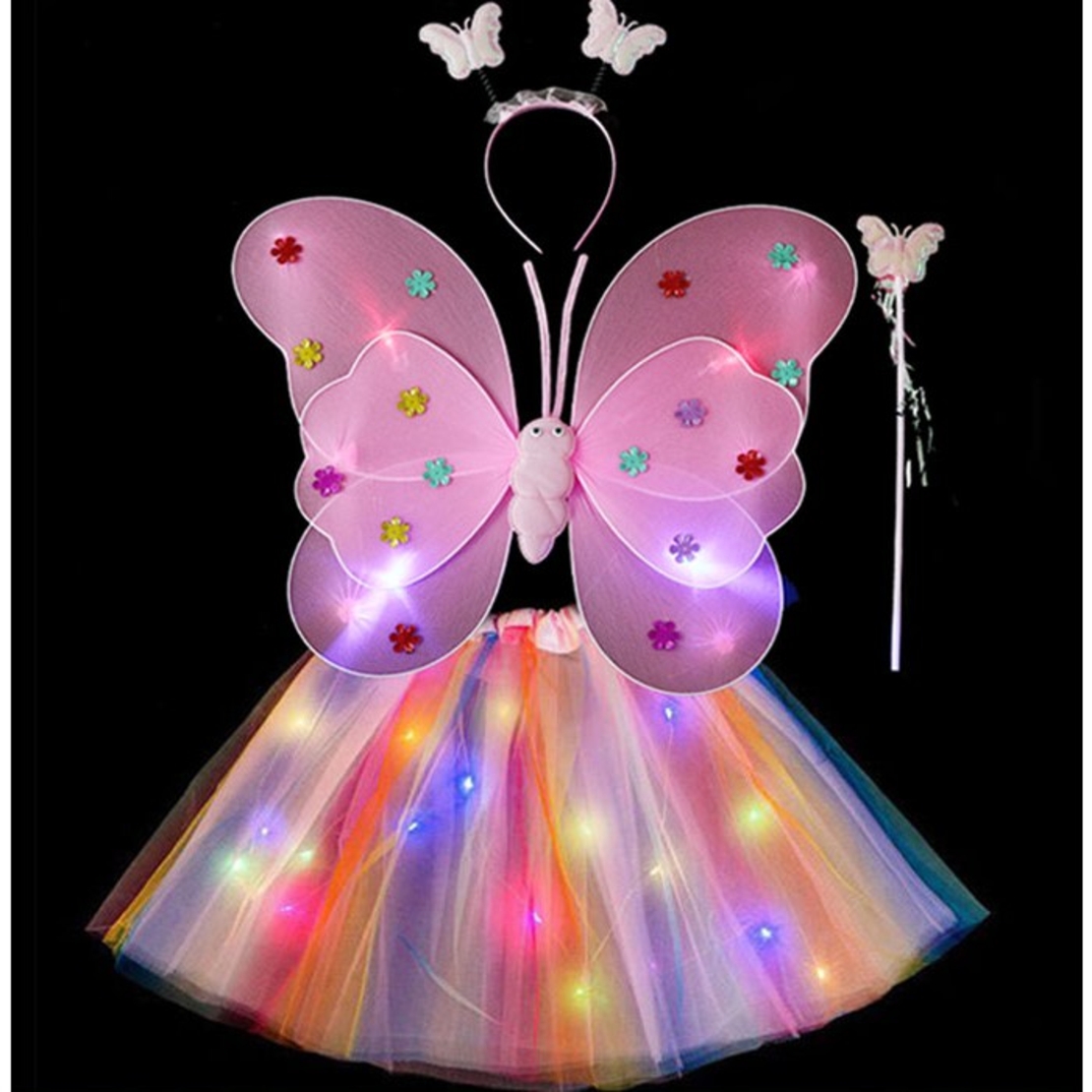 Costum Fluturas cu Aripi Modelabile Luminoase pentru Copii, Flippy, Fusta din Tul cu Lumini, Bagheta si Bentita, 4 piese, Pentru Halloween, Roleplay, Craciun, Carnaval, Paste, Ziua Copilului, Bumbac/Poliester, Marime universala, Curcubeu