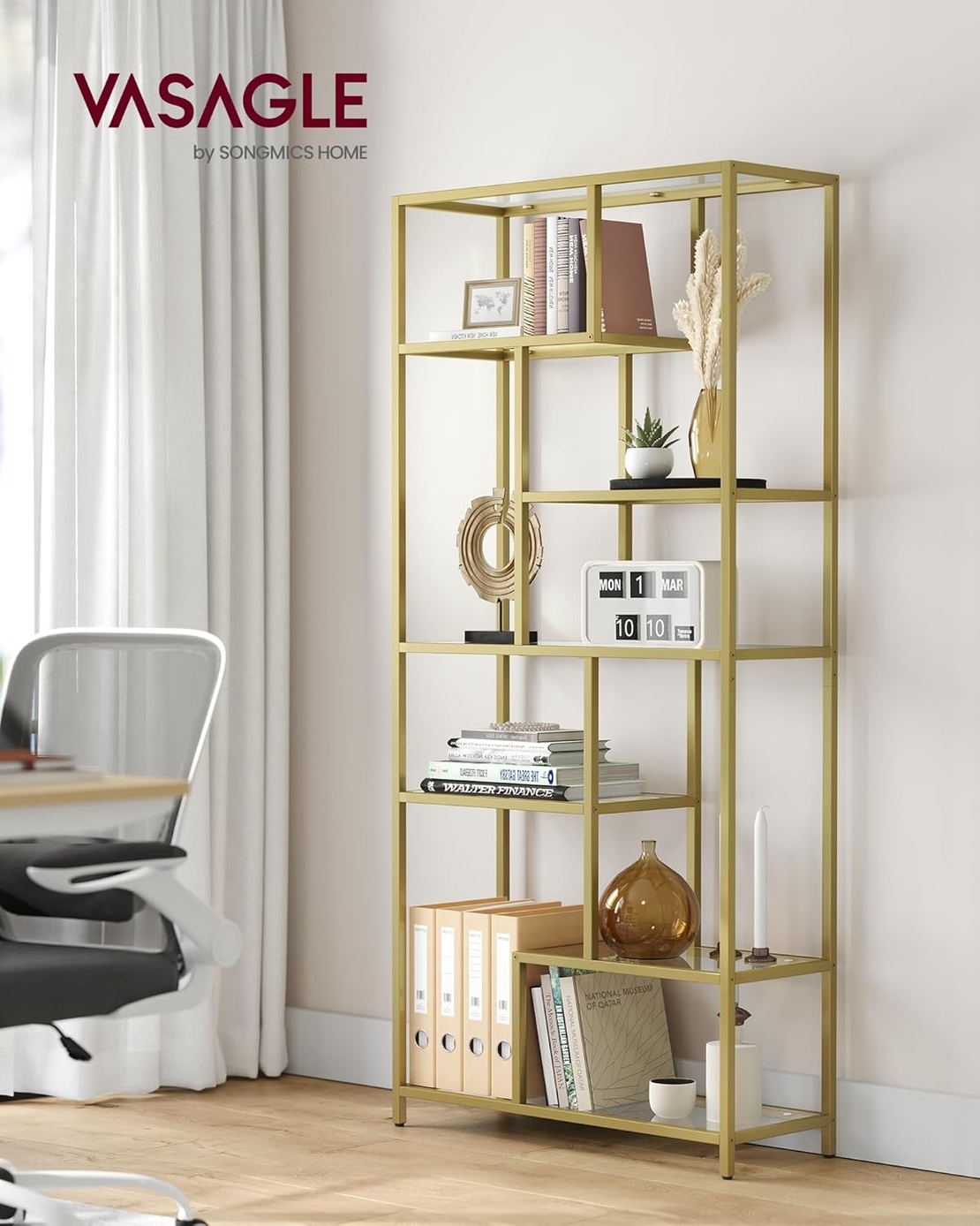 VASAGLE Biblioteca cu 6 polite din sticla securizata si cadru din otel, 80x30x180 cm, auriu