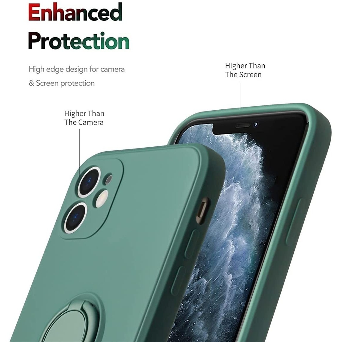 Husa protectie Vafy compatibila cu Apple iPhone 12 Liquid Silicone Ring cu suport rotativ Verde