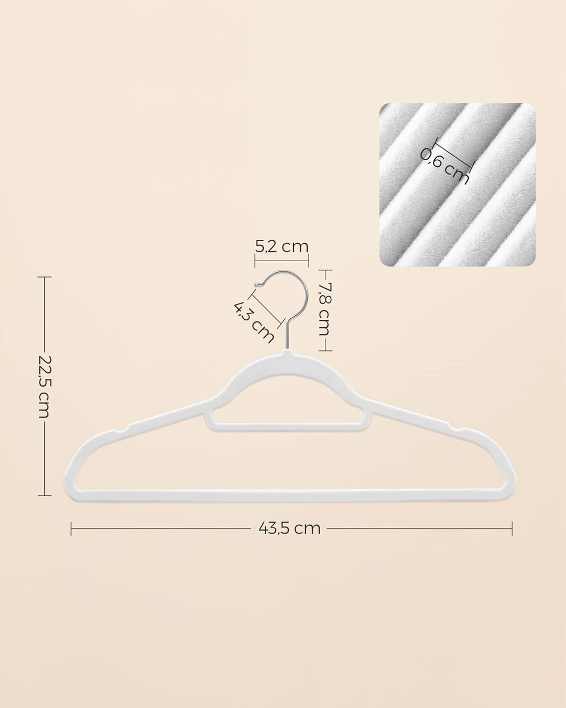 SONGMICS Set de 20 de umerase pentru haine, anti-alunecare cu catifea, bara de cravata si carlig pivotant, 43,5 cm, alb