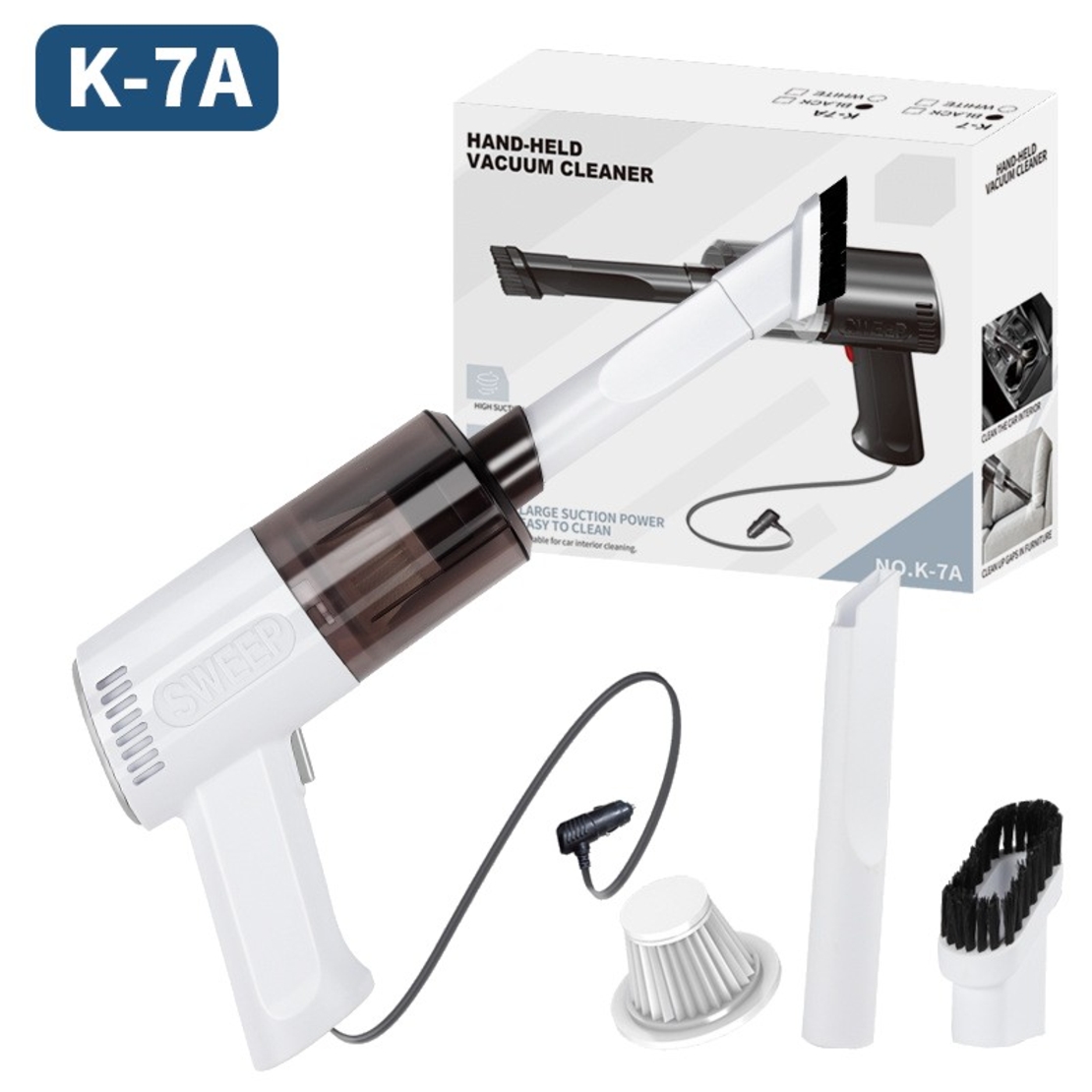 Aspirator Portabil Auto, Flippy, Tip Pistol K7A, Pentru Casa si Masina, Cablu Auto, 36 x 17 cm, Alb