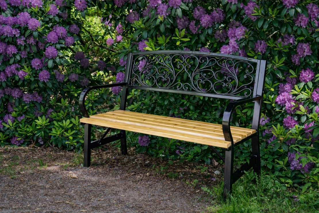 Banca de gradina din lemn si cadru otel, cu spatar decorativ, 120x56x87 cm, negru si maro natur