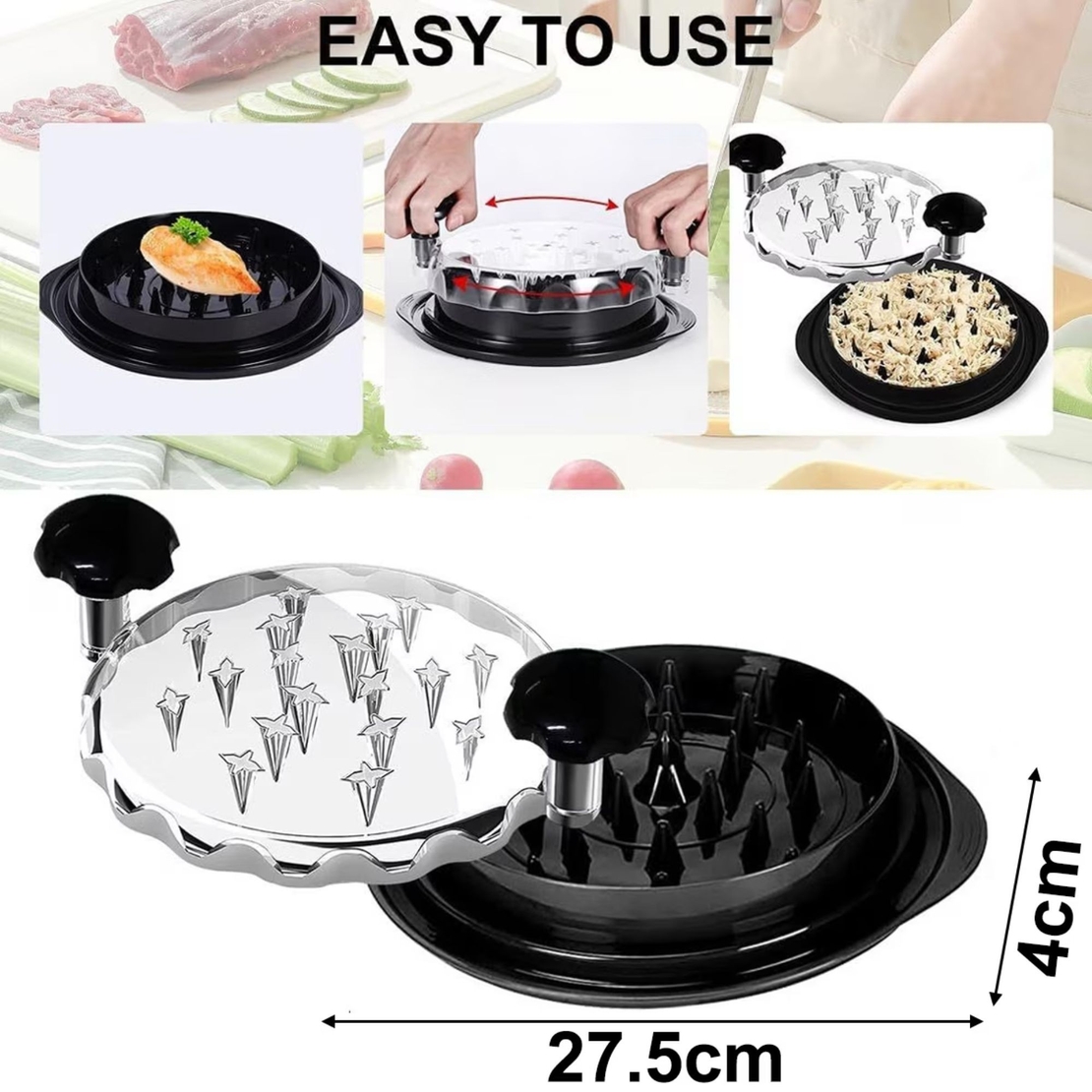 Tocator Manual pentru Carne, Vafy, cu Capac Transparent, Tocator de Pui Antiderapant, Manere Ergonomice, 25 x 25 x 5.5 cm, Negru