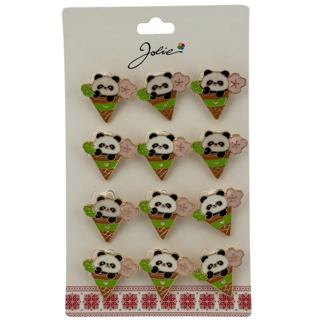 Set 12 Brose Martisor pentru Copii, Jolie, Model Urs Panda in Con de Inghetata, Multicolor