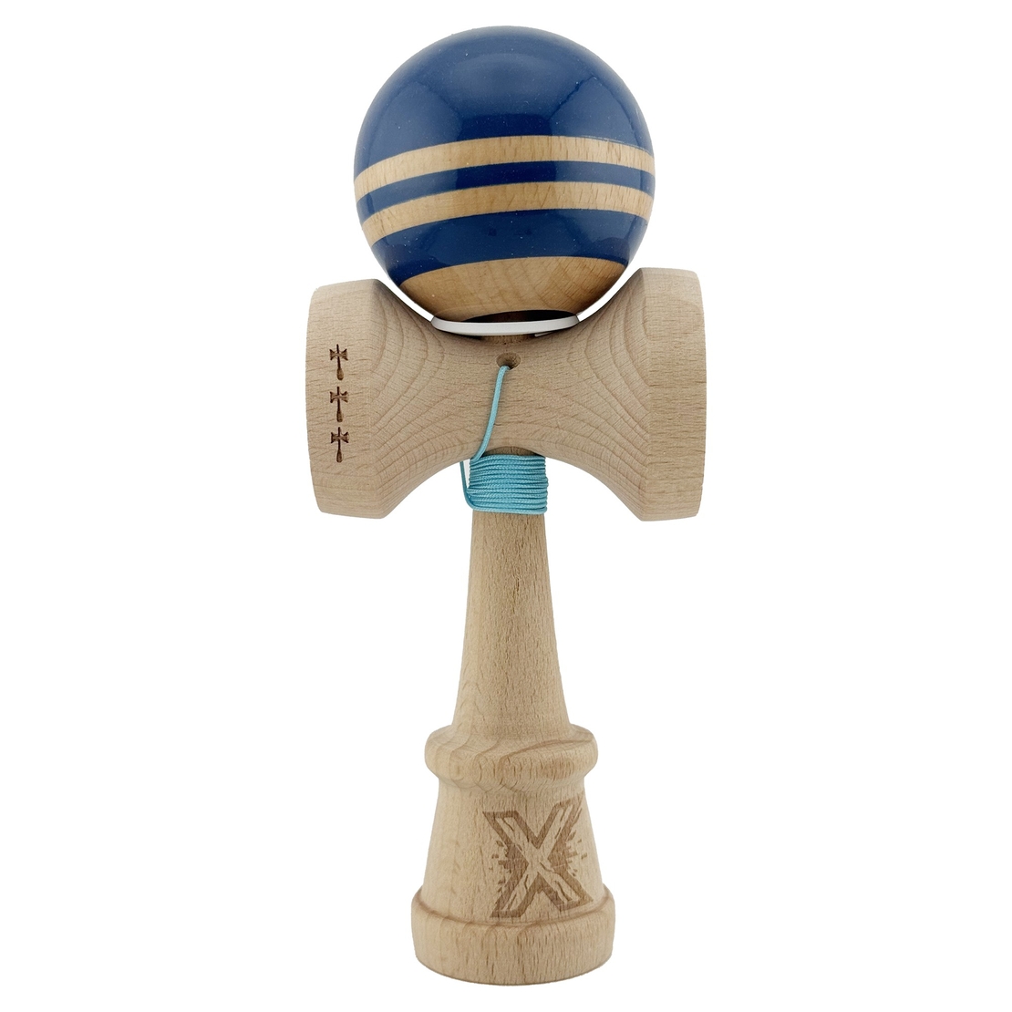 Kendama X Originala RAINBOW, Profesionala, Flippy, Cupe Mari KING SIZE V3, Super Sticky, Gaura in Baza, Rulment Metalic, din lemn 18 cm, Ata 62/65 cm, Albastru/Maro