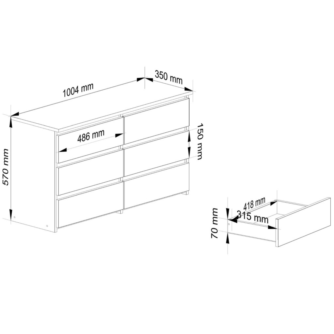 Comoda cu 6 sertare, PAL laminat, 100x35x57 cm, gri si alb
