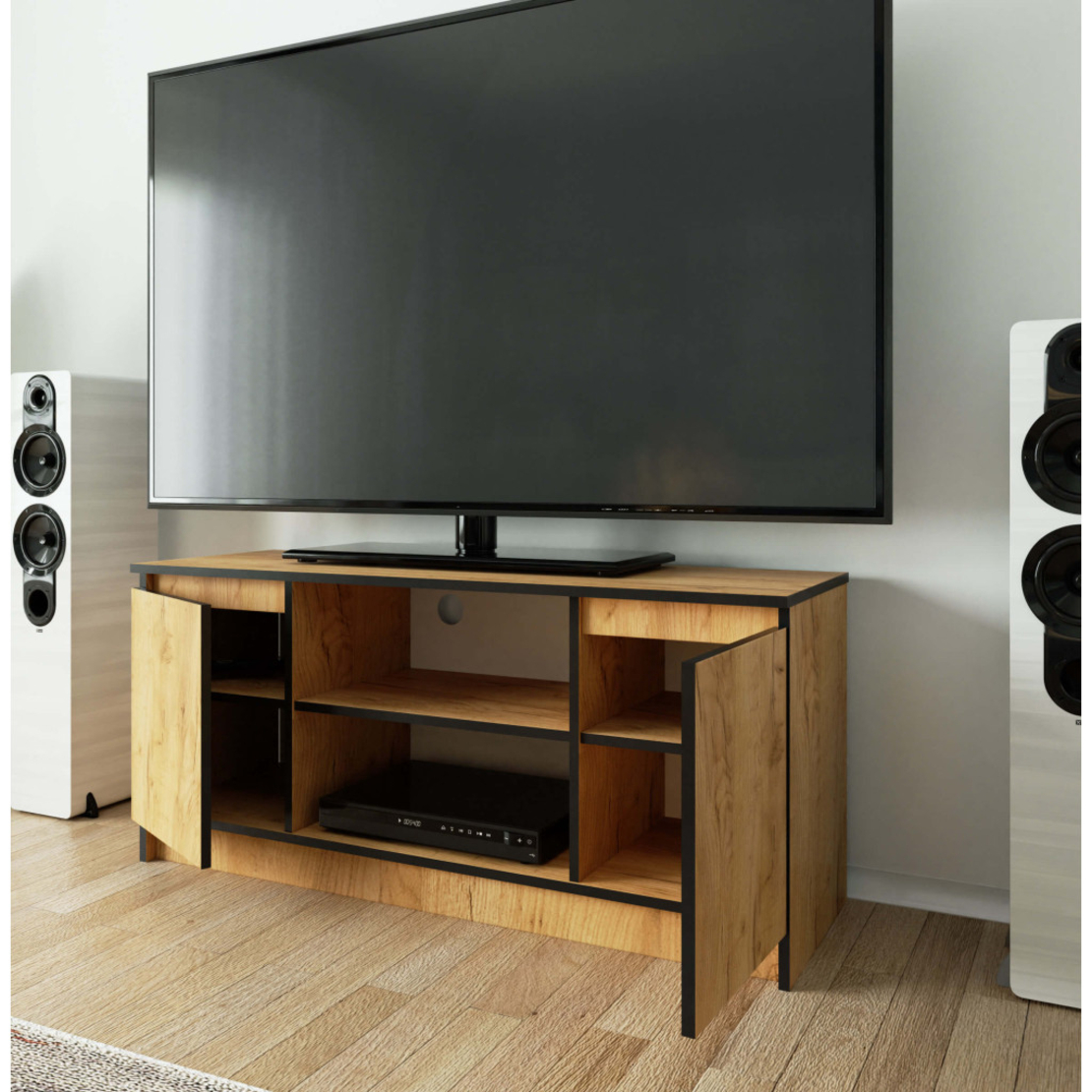 Comoda TV cu 2 usi si o polita, PAL laminat 16 mm, 120x40x55 cm, stejar craft