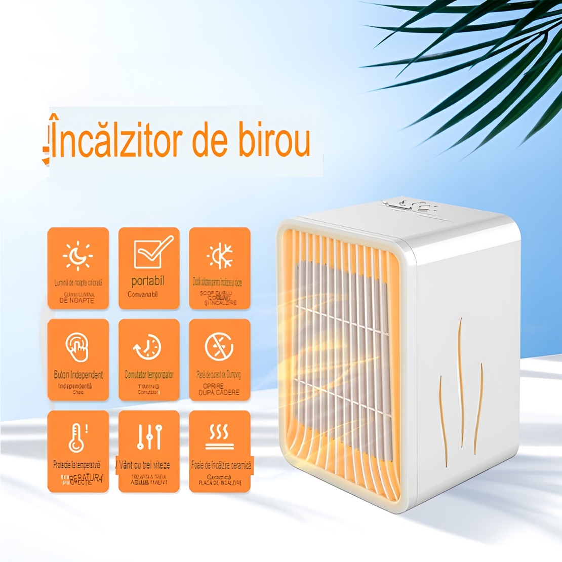 Mini Incalzitor pentru Birou, Vafy, Incalzire si Racire, 1000-1200W, cu Lumini, cu Maner, Lungime Cablu 1.5 m, 3 Trepte de Temperatura, 15.3x13.8x22.5 cm, Alb