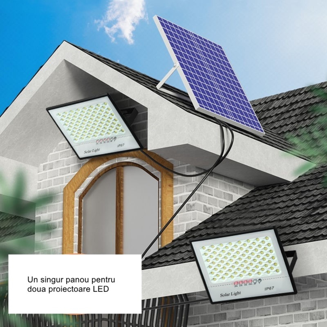 Set 2 proiectoare LED cu Panou Solar Flippy, Senzor de miscare, Telecomanda, Waterproof, 200 LED-uri incorporate, 65W, 24x18 cm, IP67, Design Modern, Negru