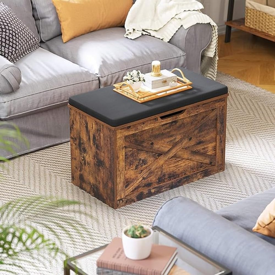VASAGLE Banca pentru pantofi cu perna, tip cufar de depozitare, stil hambar, 76x40x48cm, maro rustic