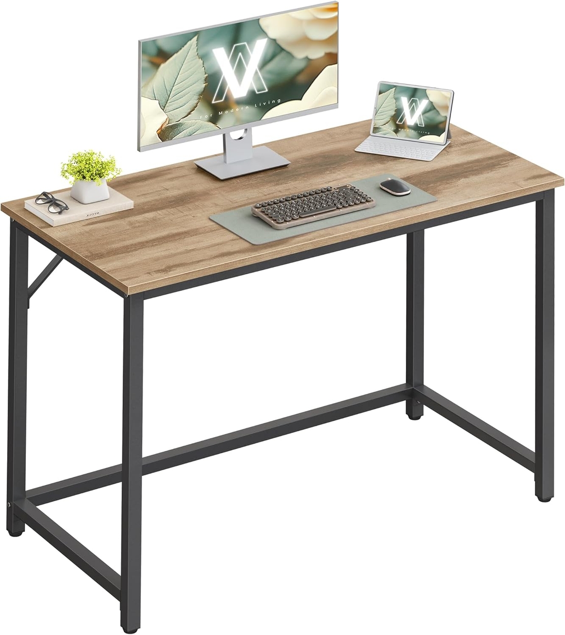 VASAGLE Birou calculator cu blat din PAL, cadru metalic, stil industrial, 100x50x76 cm, maro camel