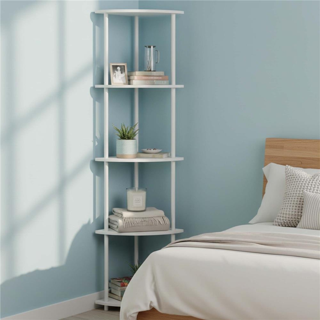 Raft de colt cu 5 polite, MDF, cadru metalic, 148x30x30 cm, alb
