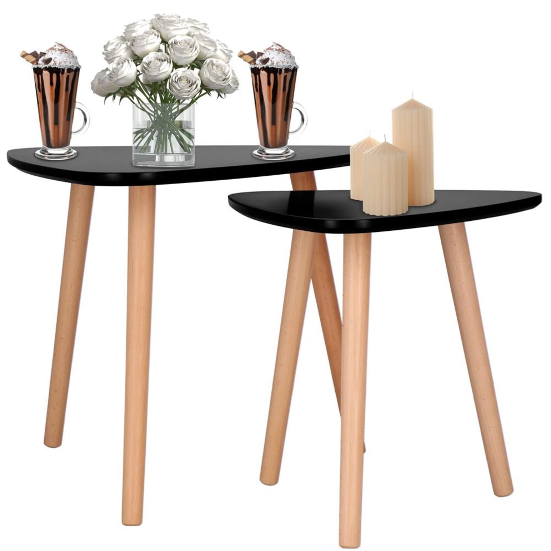 Set 2 mese de cafea, ovale, 54x45 cm si 41x40 cm, Blat MDF, Picioare lemn, Negru