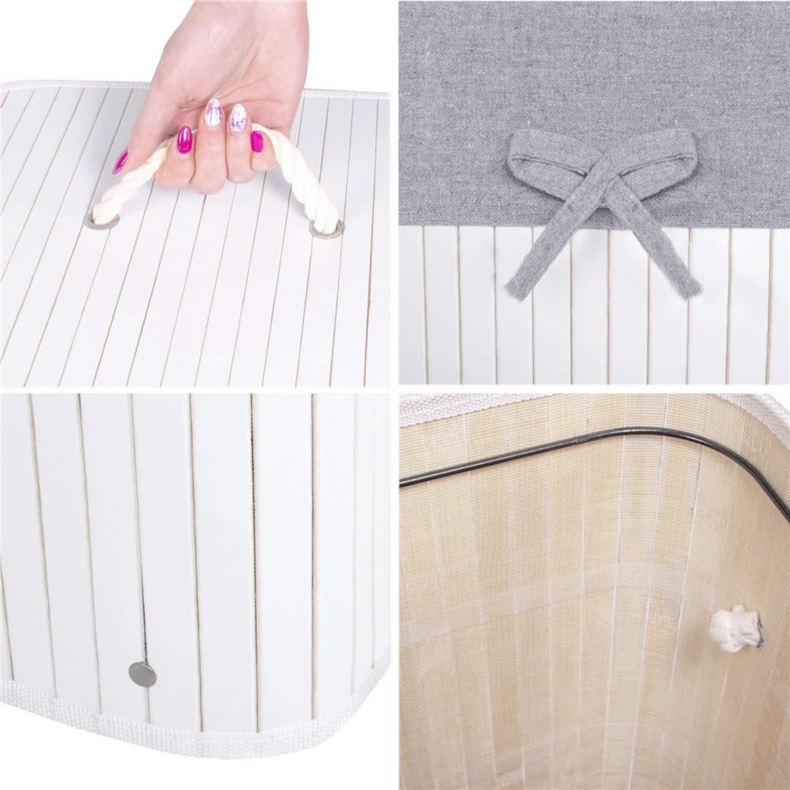 Cos de rufe cu capac, din bambus cu sac textil detasabil, 72 litri, 40x28x60 cm, alb si gri