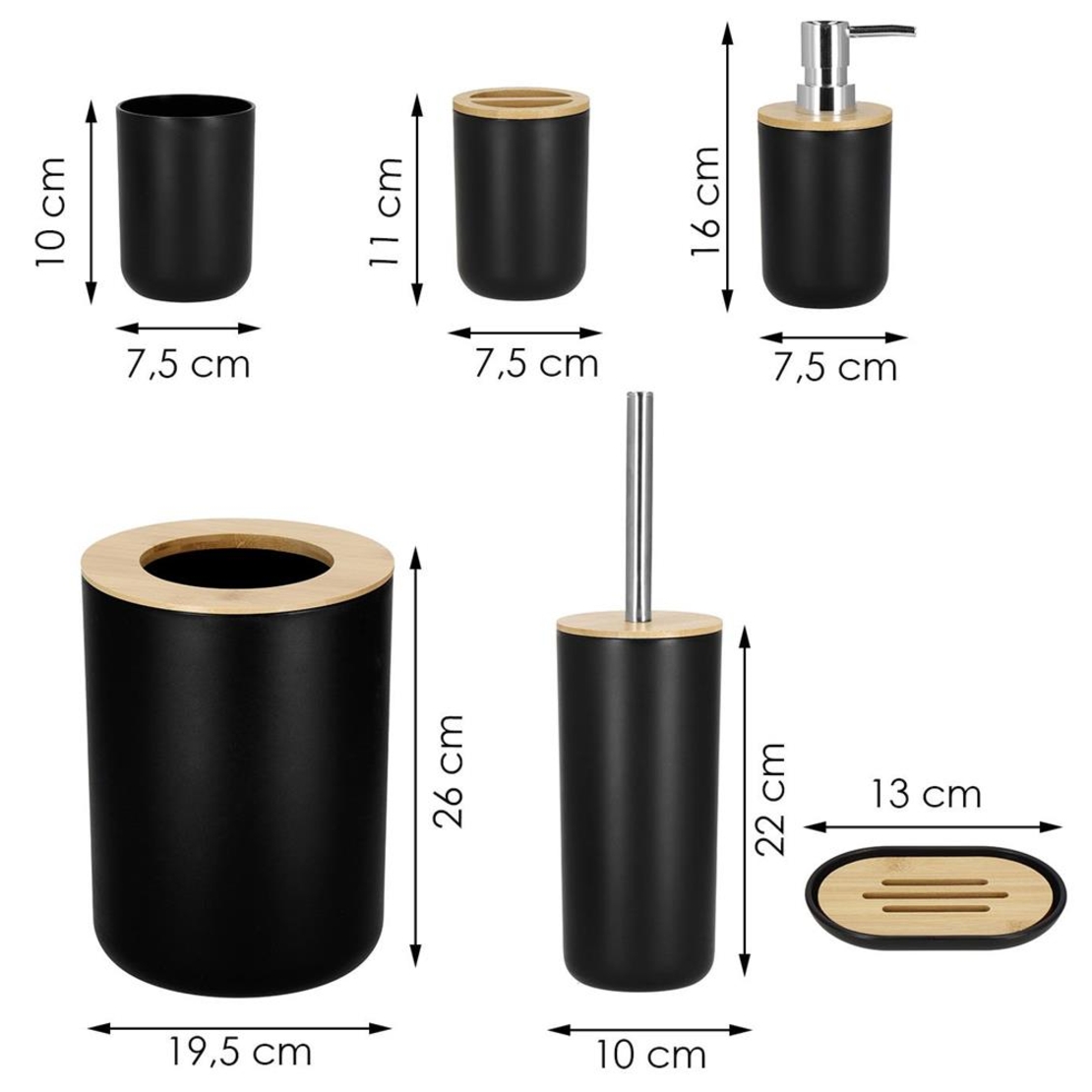 Set de accesorii rotunde pentru baie din plastic cu elemente bambus, 6 piese, negru