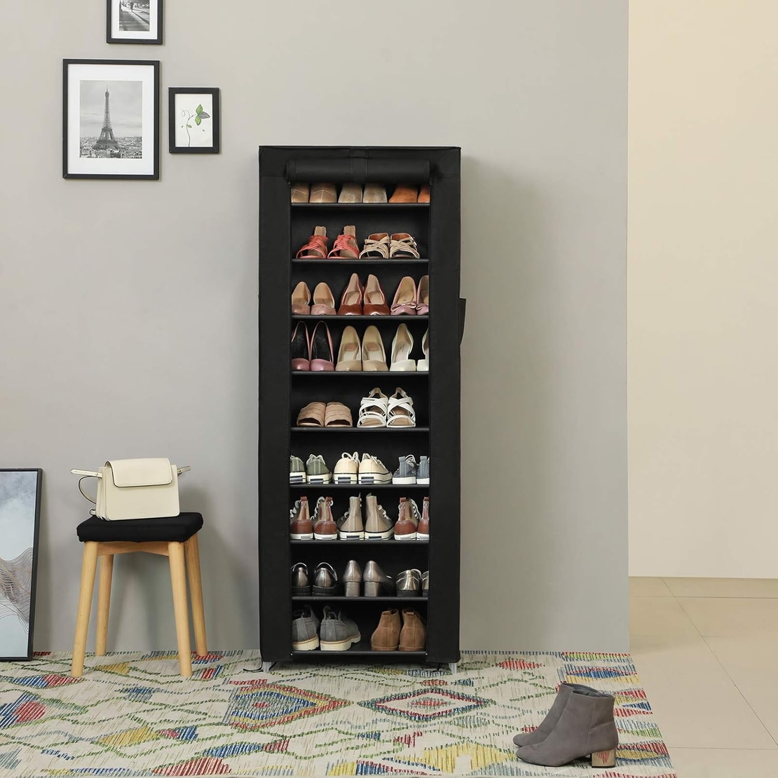 SONGMICS Dulap pentru pantofi din material textil, structura metalica, 10 niveluri, capacitate 27-35 perechi, 58x28x160 cm, negru