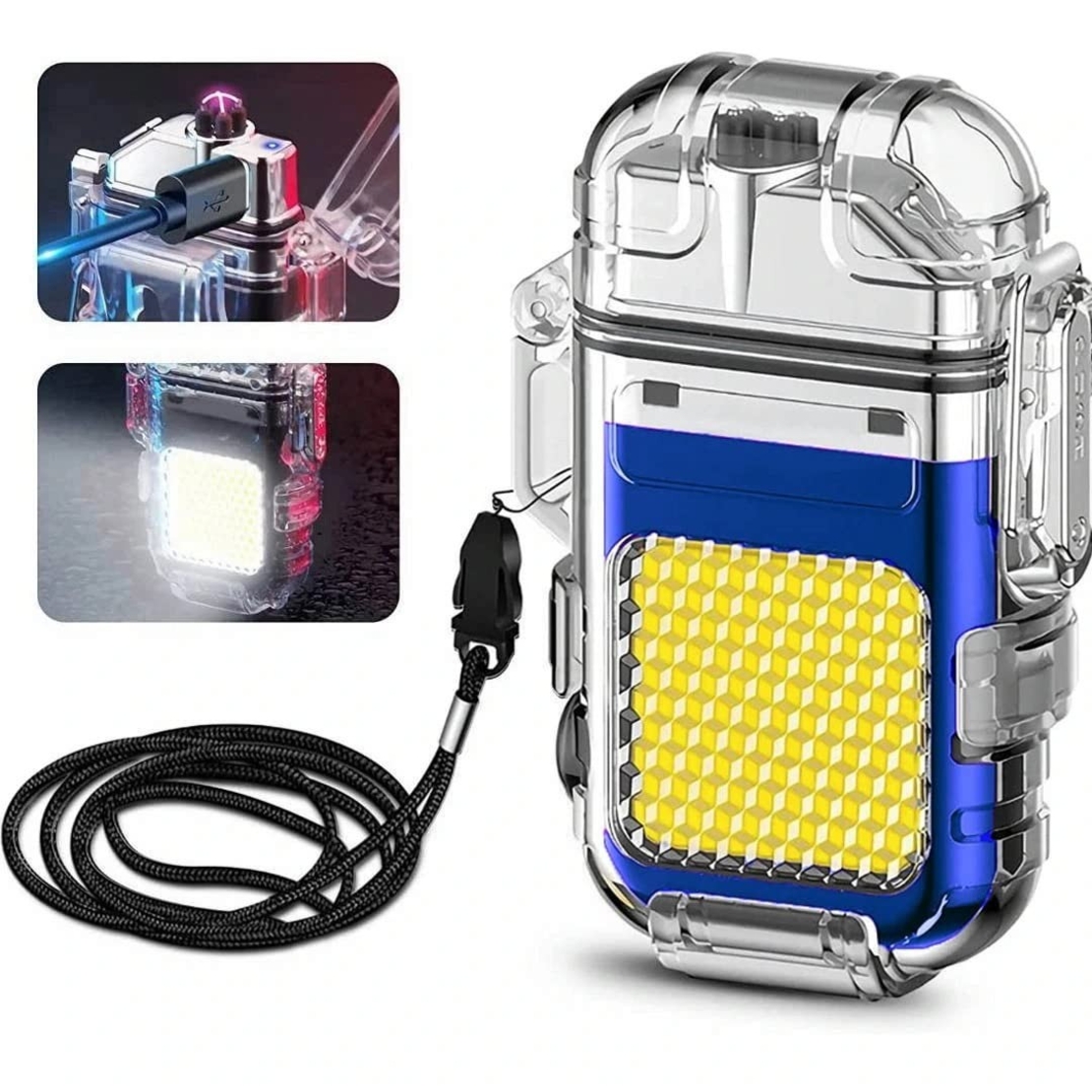 Lanterna Tip Breloc cu Bricheta, Vafy, Impermeabila, 3 Moduri Iluminare, 300 mAh, Incarcare USB-C, COB, Raza de Actiune 50 - 100 m, 7.4 x 4.9 x 1.7 cm, Albastru