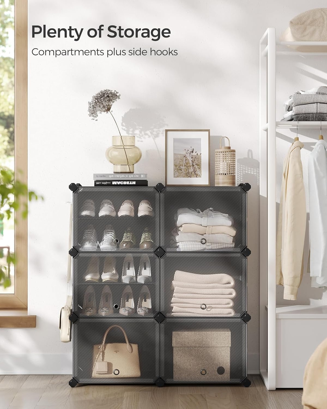 SONGMICS Dulap pantofi modular cu 6 compartimente, panouri plastic si cadru metalic, 83x32x94 cm, pana la 24 perechi, negru