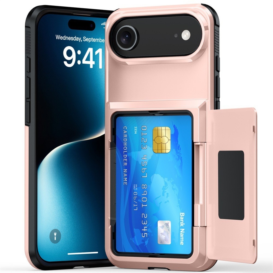 Husa de Protectie compatibila Apple iPhone 17 Air, Vafy, Compartiment pentru Carduri, Anti-alunecare, Protectie PC, Rezistenta la Zgirieturi, Rose Gold